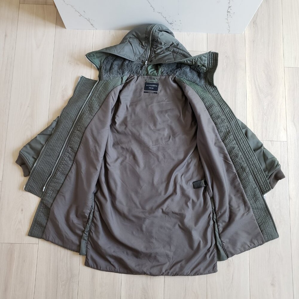 AllSaints Puffer Jacket Mens M Green Mason Parka Coat Heavyweight Streetwear